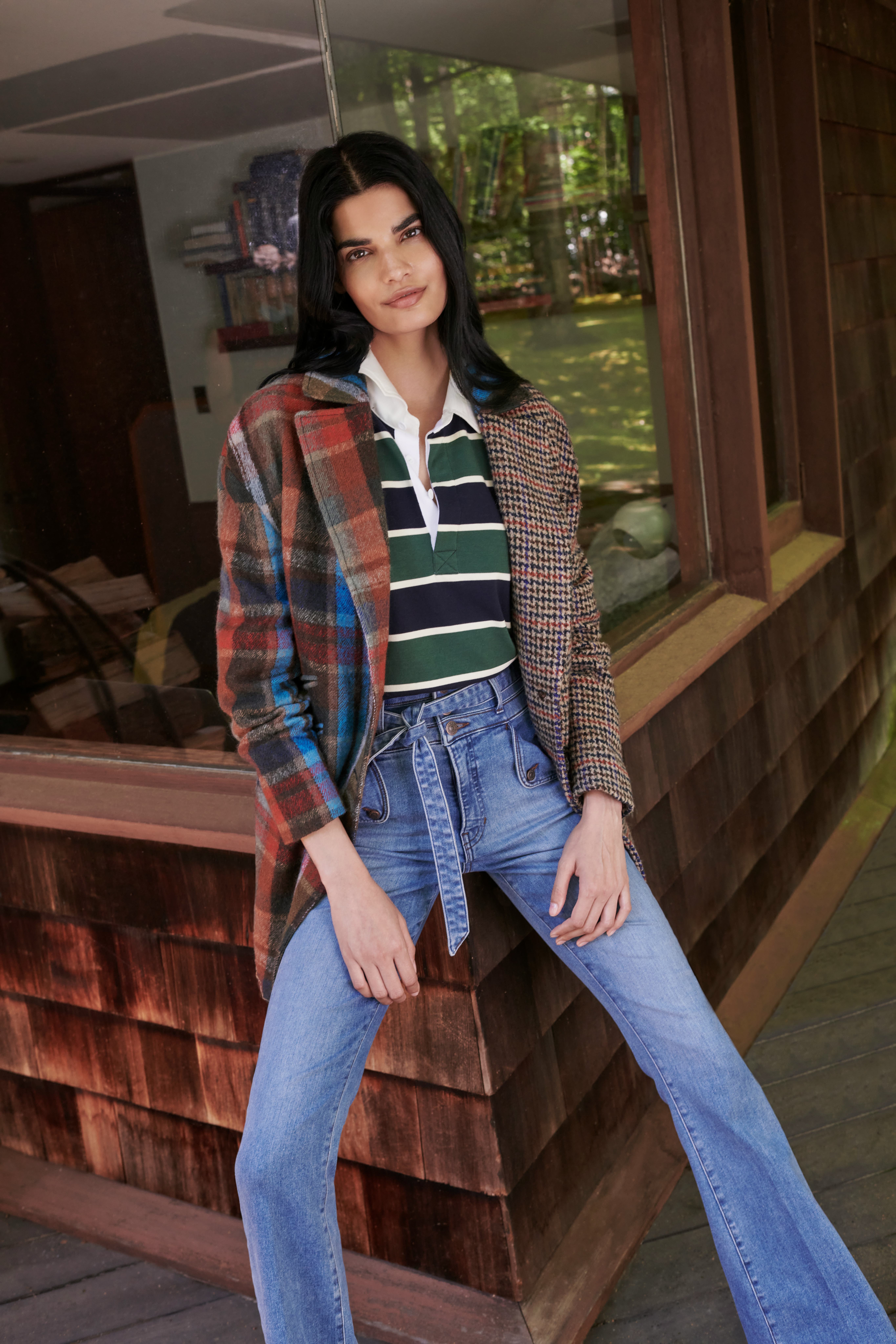 Model wears Veronica Beard's India Patchwork Dickey Coat