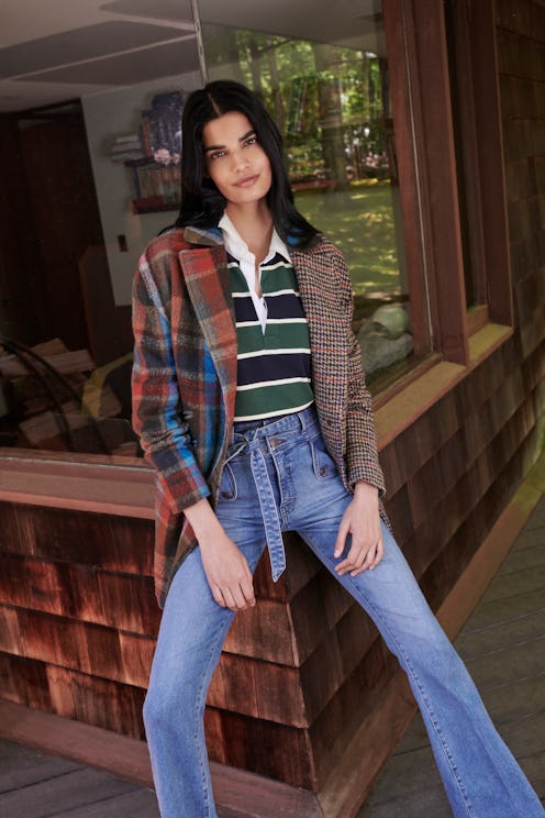 Model wears Veronica Beard's India Patchwork Dickey Coat