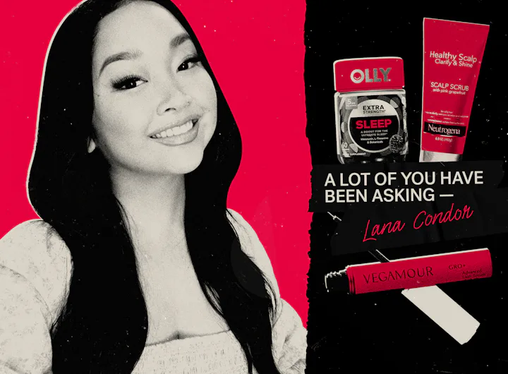 Female actress, producer, and singer Lana Condor next to her favorite beauty products