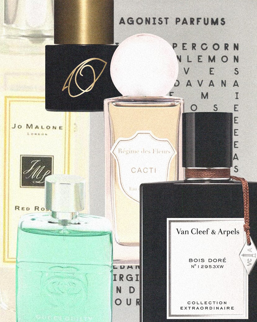 Various bottles of unisex genderless perfumes, presented in a collage