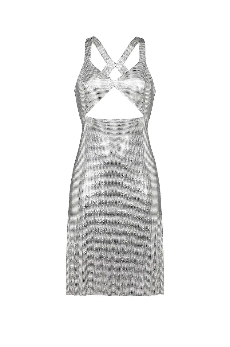 Amira silver dress from FANNIE SCHIAVONI, available to shop via Kendall Jenner's edit on FWRD.