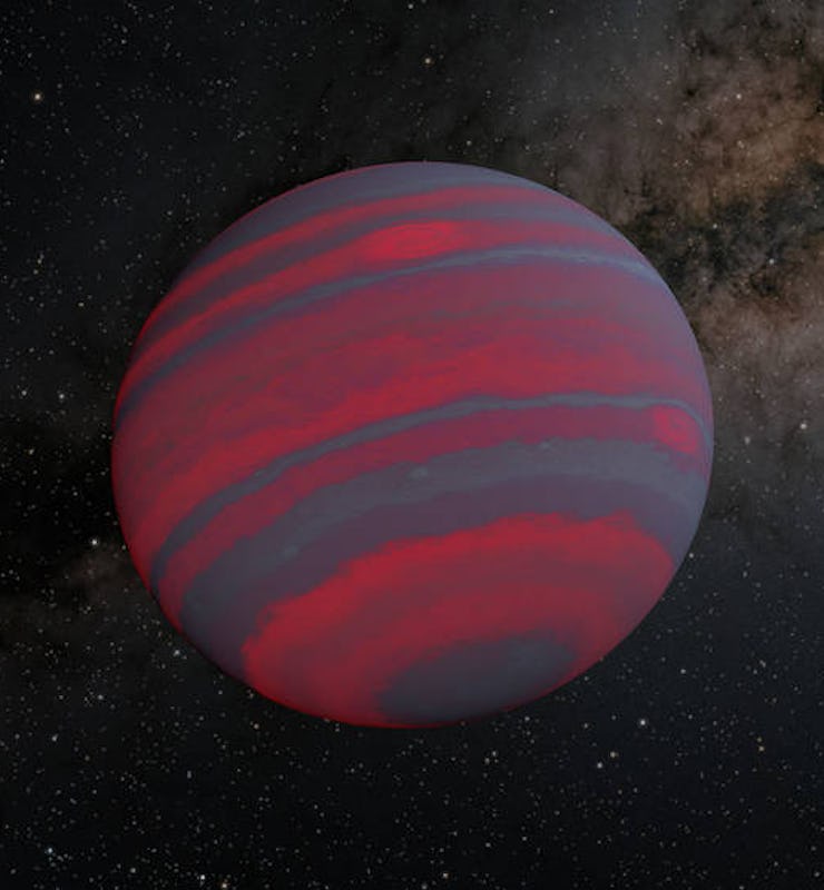 An illustration of a brown dwarf, with gray and pink colors