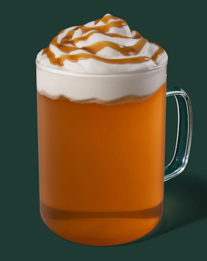 Image of a hot mug of Caramel Apple Spice drink from Starbucks.