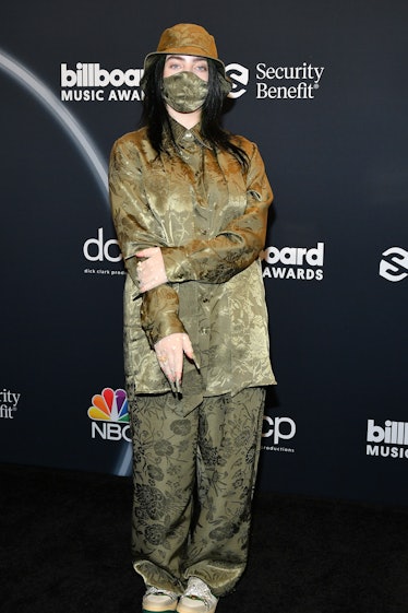 Billie Eilish poses backstage at the 2020 Billboard Music Awards, broadcast on October 14, 2020 at t...