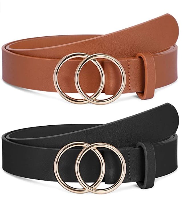 SANSTHS Faux Leather Belt with Double O-Ring Buckle (2-Pack)