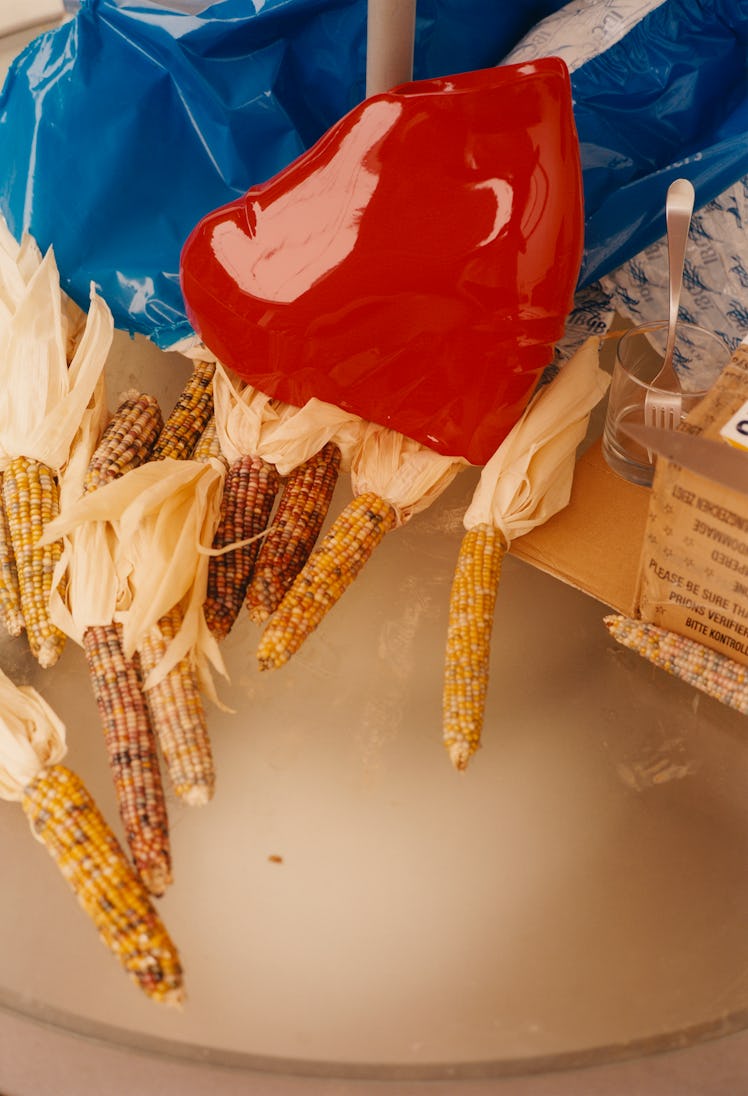 Red Givenchy shoes placed on corn sticks and a blue plastic bag