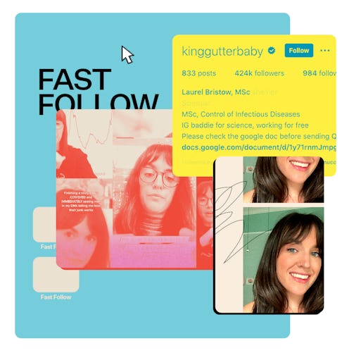 Collage of Laurel Bristow's photos next to a "fast follow" sign