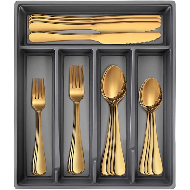 HIWARE Gold Silverware Set with Tray (20 Pieces)
