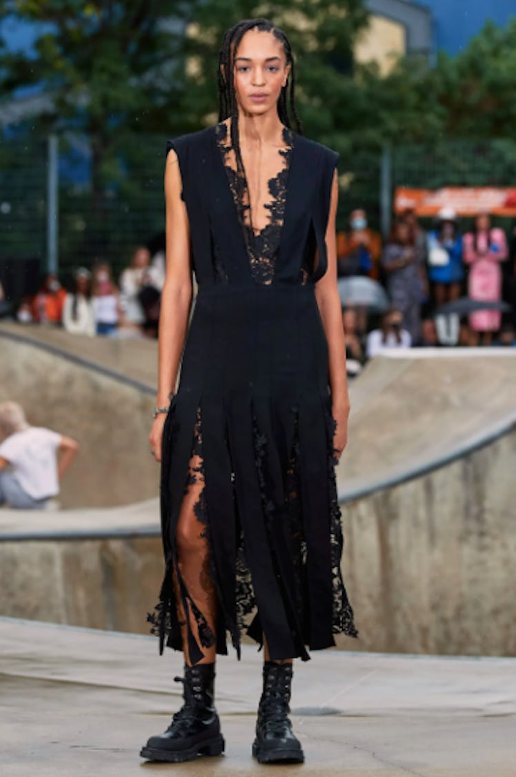 A model wearing a black Monse dress during the NYFW Spring 2022