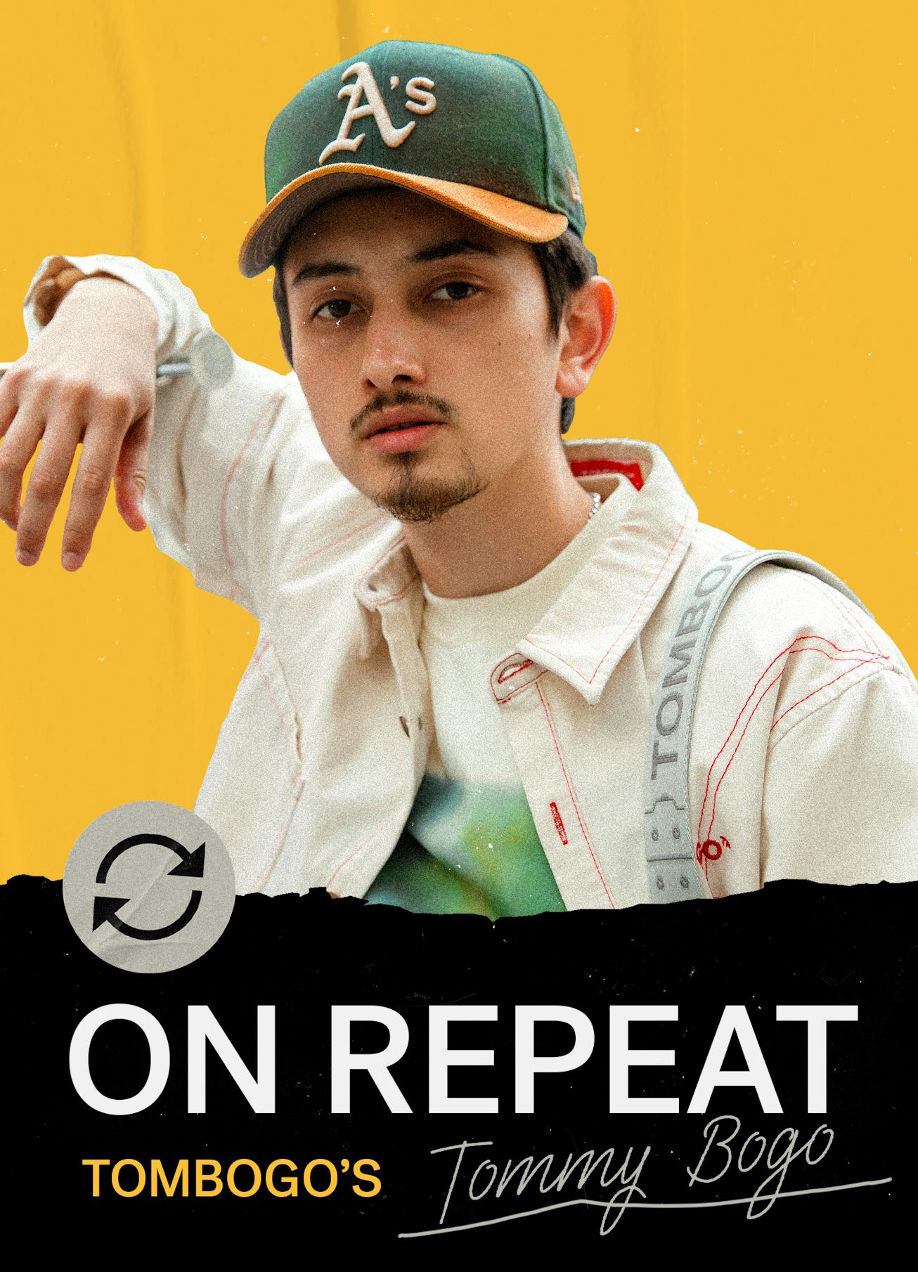 Poster of Tommy Bogo next to the words "On repeat" 