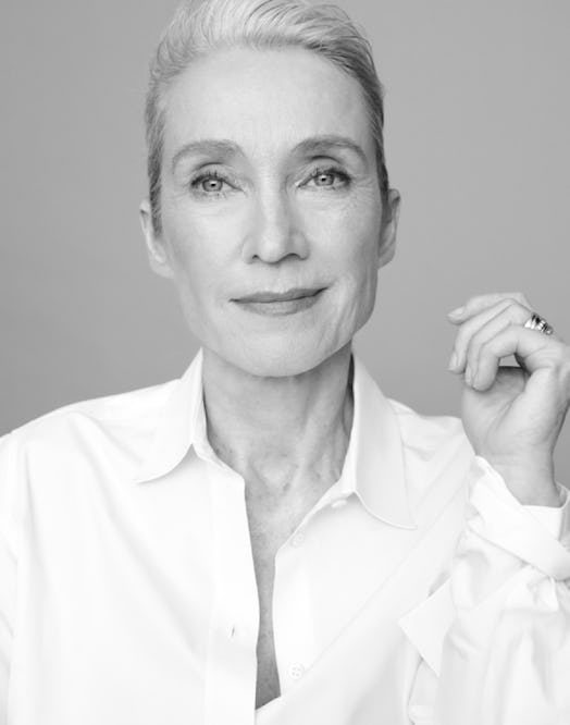A black-and-white portrait of Caroline Hadfield in a shirt