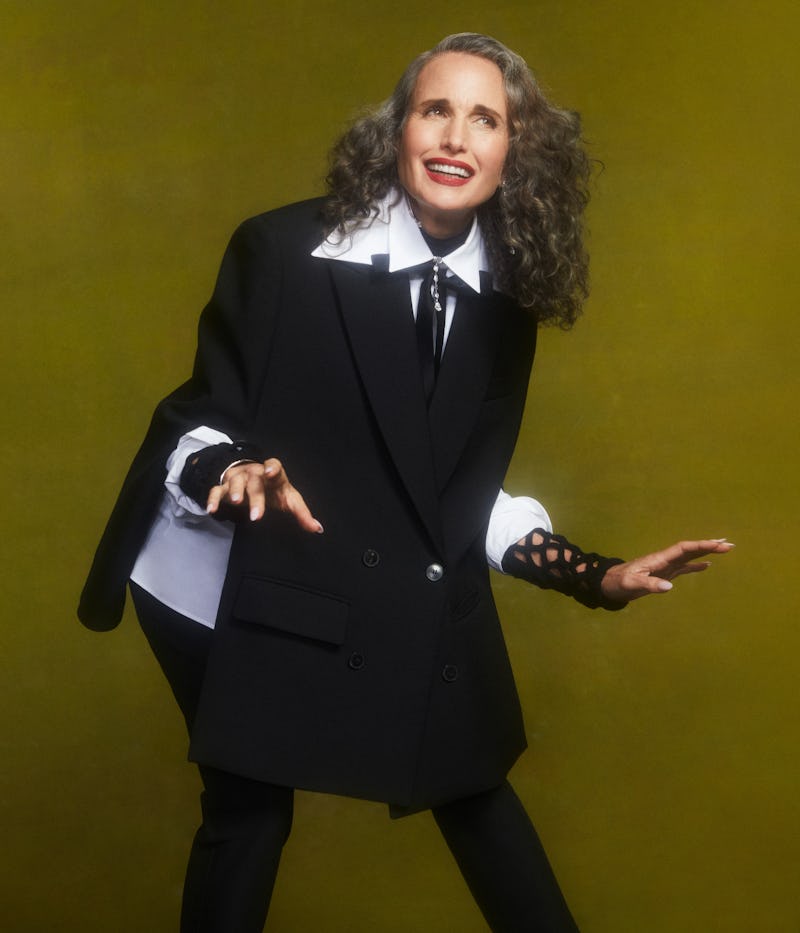 TZR cover star Andie MacDowell poses wearing a black and white Valentino outfit.