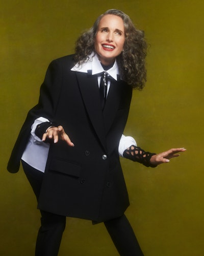 TZR cover star Andie MacDowell poses wearing a black and white Valentino outfit.