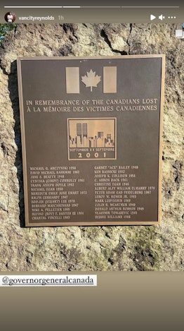 Ryan Reynolds commemorates Canadian victims of the 9/11 attacks in an Instagram story.