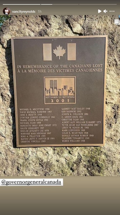Ryan Reynolds commémore les victimes canadiennes des attentats du 11 septembre dans une histoire Instagram.