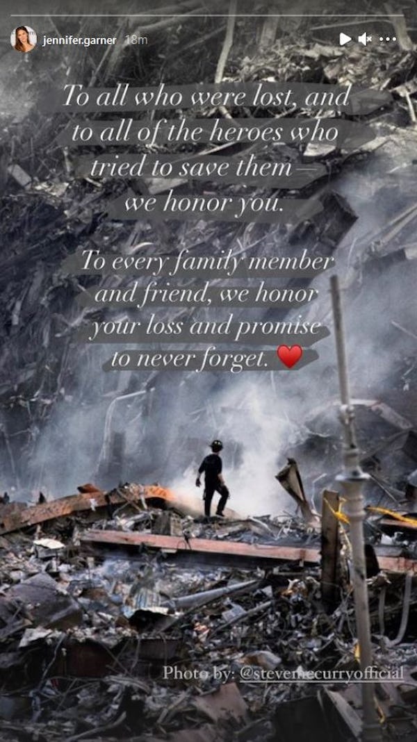 Jennifer Garner honors 9/11 victims in an Instagram story.
