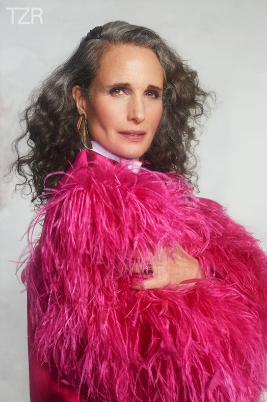 TZR cover star Andie MacDowell wears her gray hair in a voluminous side part.