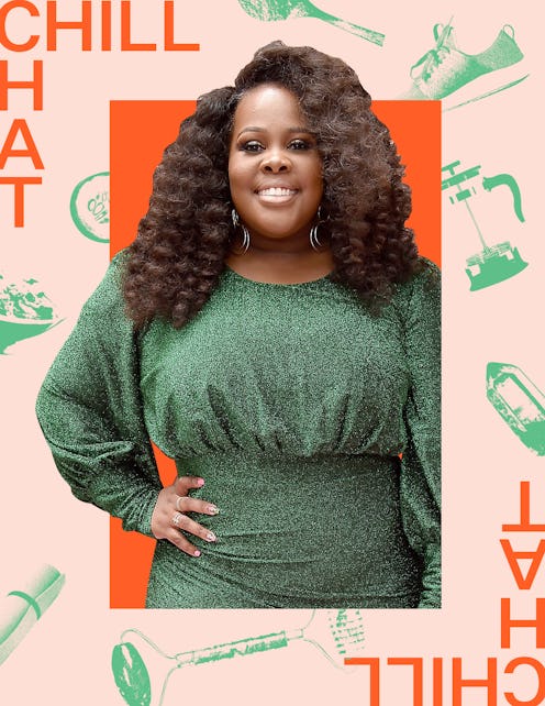 A collage photo of Amber Riley in a green formal dress.