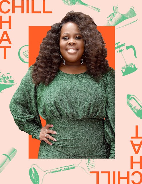  A collage photo of Amber Riley in a green formal dress. 