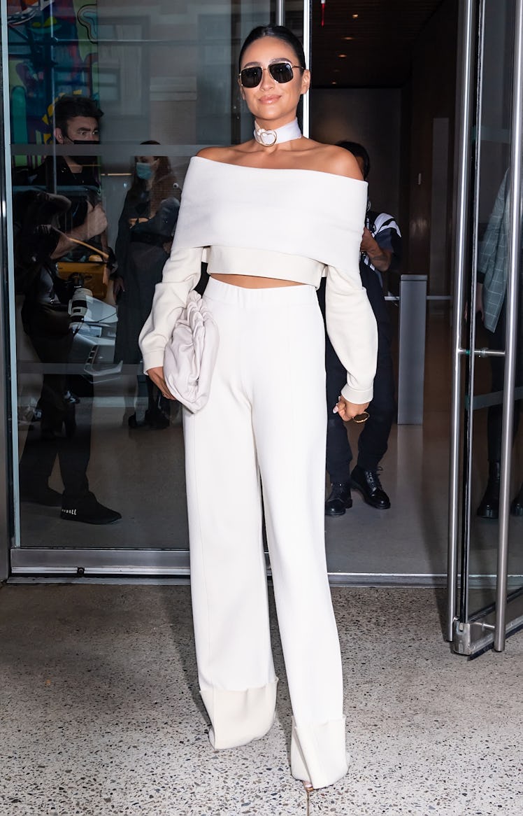 Actress Shay Mitchell is seen leaving the Altuzarra Spring 2022 Ready-to-Wear fashion show on Septem...