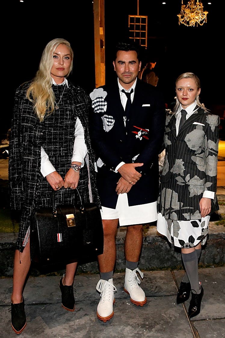 Lindsey Vonn, Dan Levy and Maisie Williams attend the Thom Browne front row during NYFW: The Shows a...