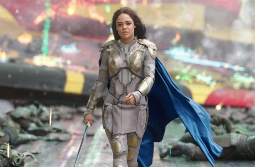 A still from ‘Thor: Ragnarok’, with Tessa Thompson striding away from battle wearing her armor.