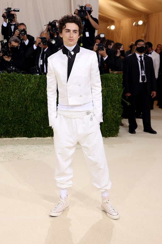 Co-chair Timothée Chalamet attends The 2021 Met Gala Celebrating In America: A Lexicon Of Fashion at...