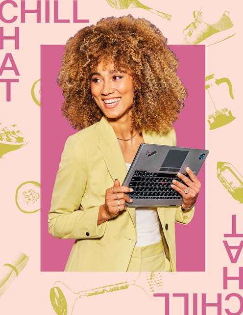 Ally Love holds a Lenovo laptop while wearing a yellow blazer and surrounded by the chill chat borde...