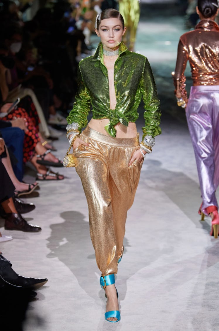 Gigi Hadid walking the runway for Tom Ford during New York Fashion Week Spring 2022