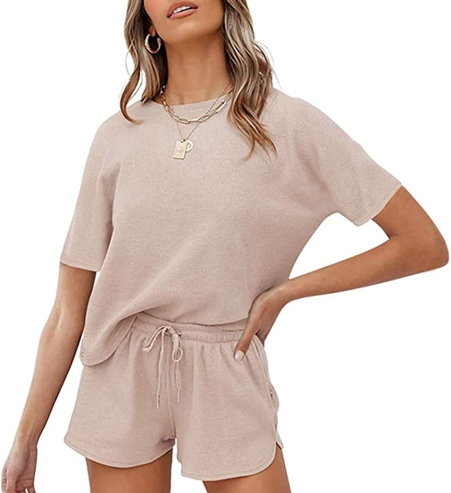 MEROKEETY Short Sleeve Waffle Lounge Set