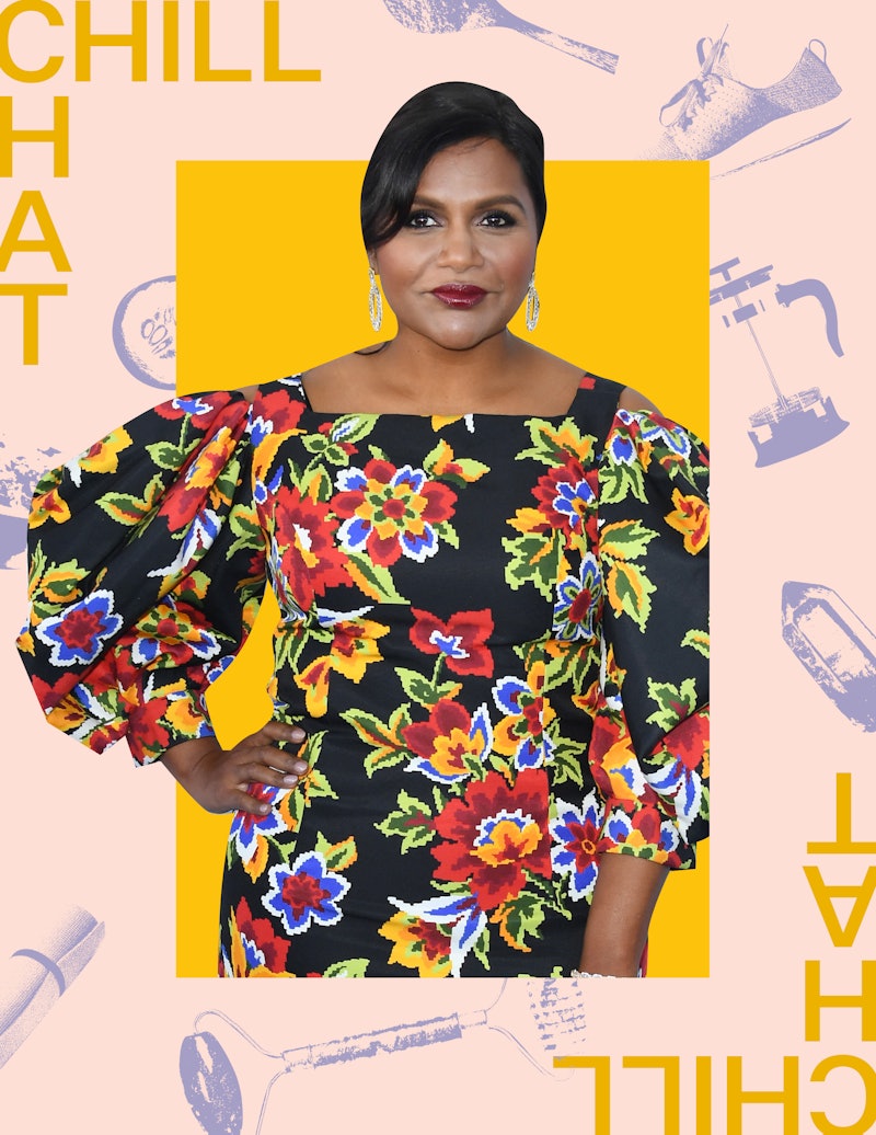 A collage of Mindy Kaling posing in a black dress with a bright floral design, a pastel background a...