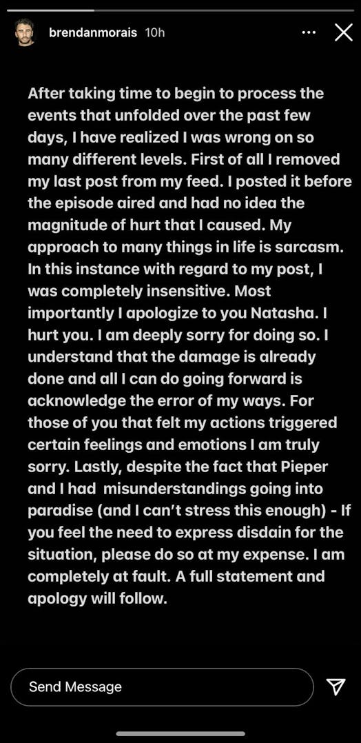 A screenshot of Brendan Morais' apology regarding his relationship with Pieper James on 'Bachelor in...