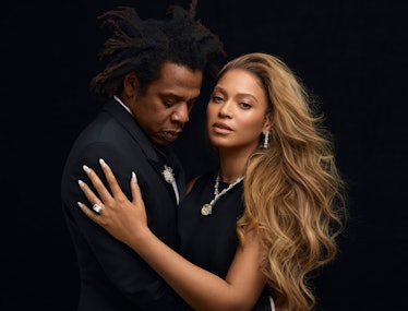 Jay-Z and Beyoncé embracing in a Tiffany & Co. campaign