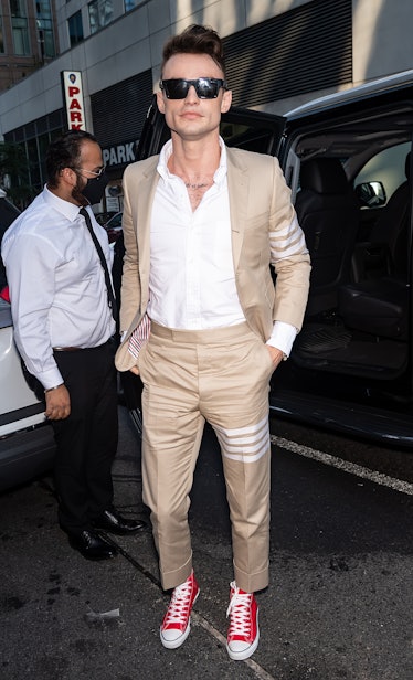 Actor Thomas Doherty is seen arriving to the Thom Browne Spring 2022 Collection during New York Fash...