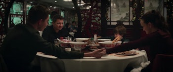 A scene from the series Hawkeye with Jeremy Renner as Clint Barton an his children
