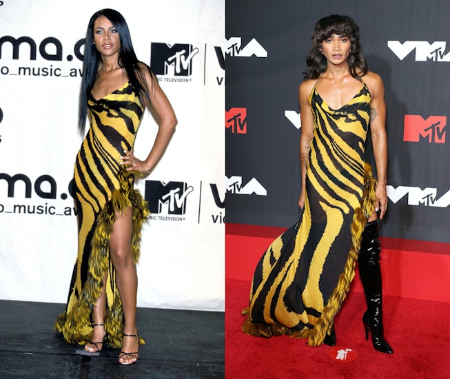 Aaliyah at the 2000 MTV VMAs and Bretman Rock at the 2021 MTV VMAs wearing the same Roberto Cavalli ...