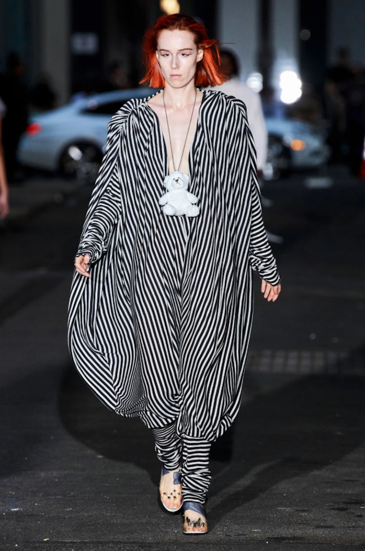 A model wearing Vaquera striped jumpsuit during New York Fashion Week Spring 2022