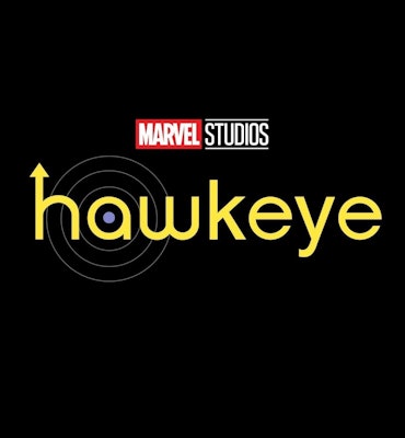 "Hawkeye" text and "Marvel Studios" sign on a black background