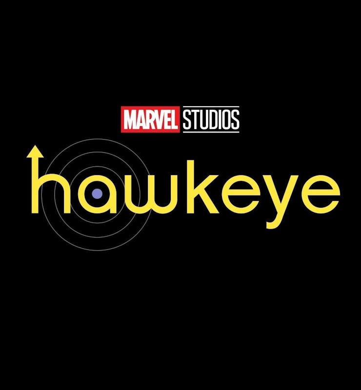 "Hawkeye" text and "Marvel Studios" sign on a black background