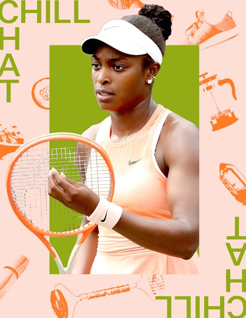 Sloane Stephens during a tennis match in a white cap and peach top, surrounded by chill chat border