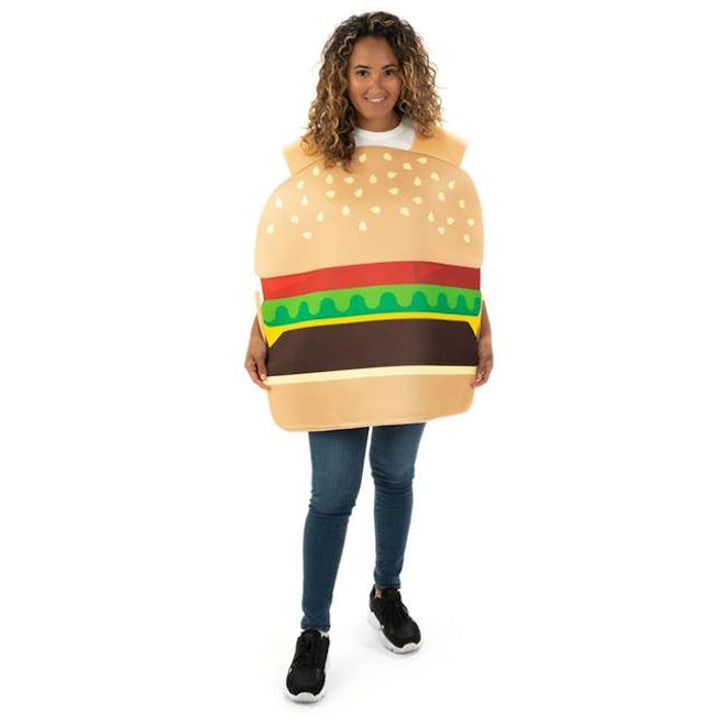 Woman dressed up in hamburger costume