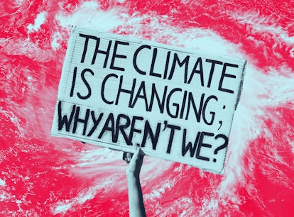 A hand holding a sign with the text "The climate is changing, why aren't we?"