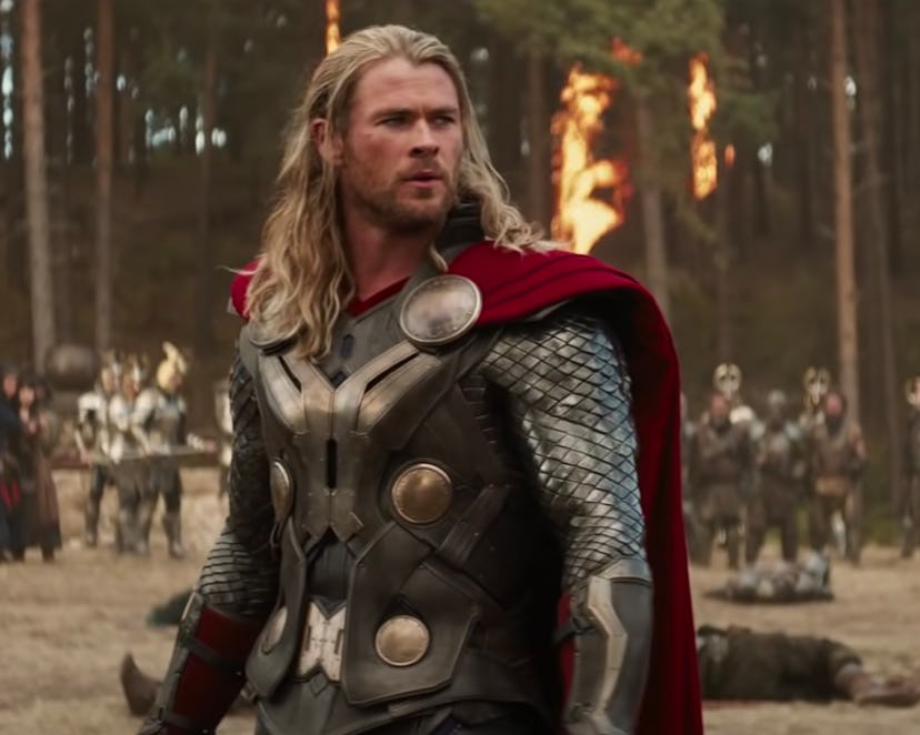 A still from 'Thor: The Dark World,' with Chris Hemsworth as Thor pausing during a fiery battle.