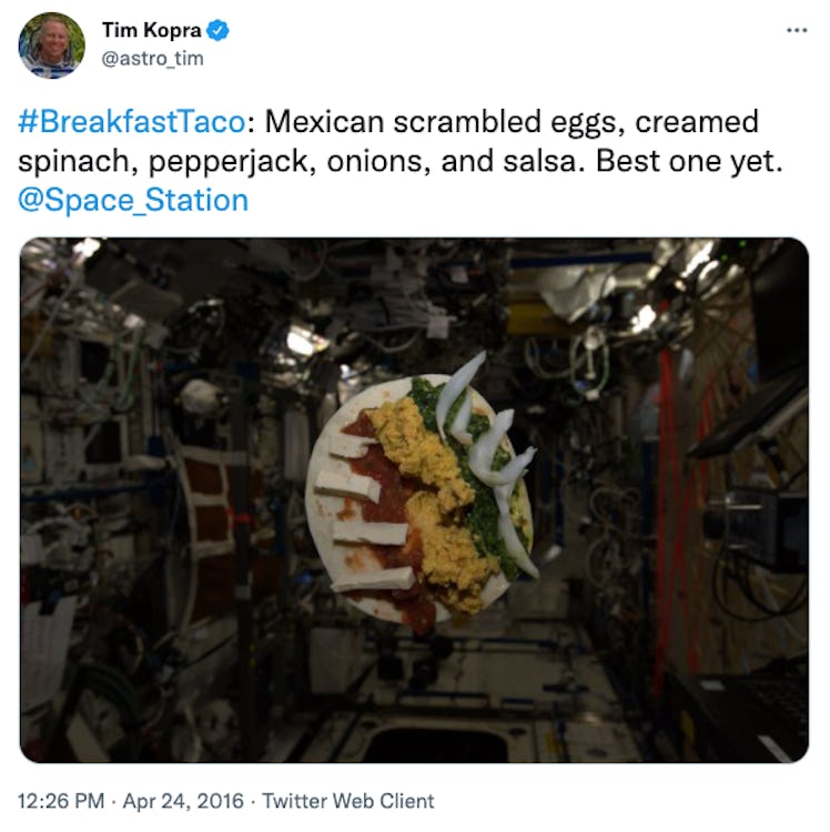 TIm Kopra's breakfast taco on the ISS.