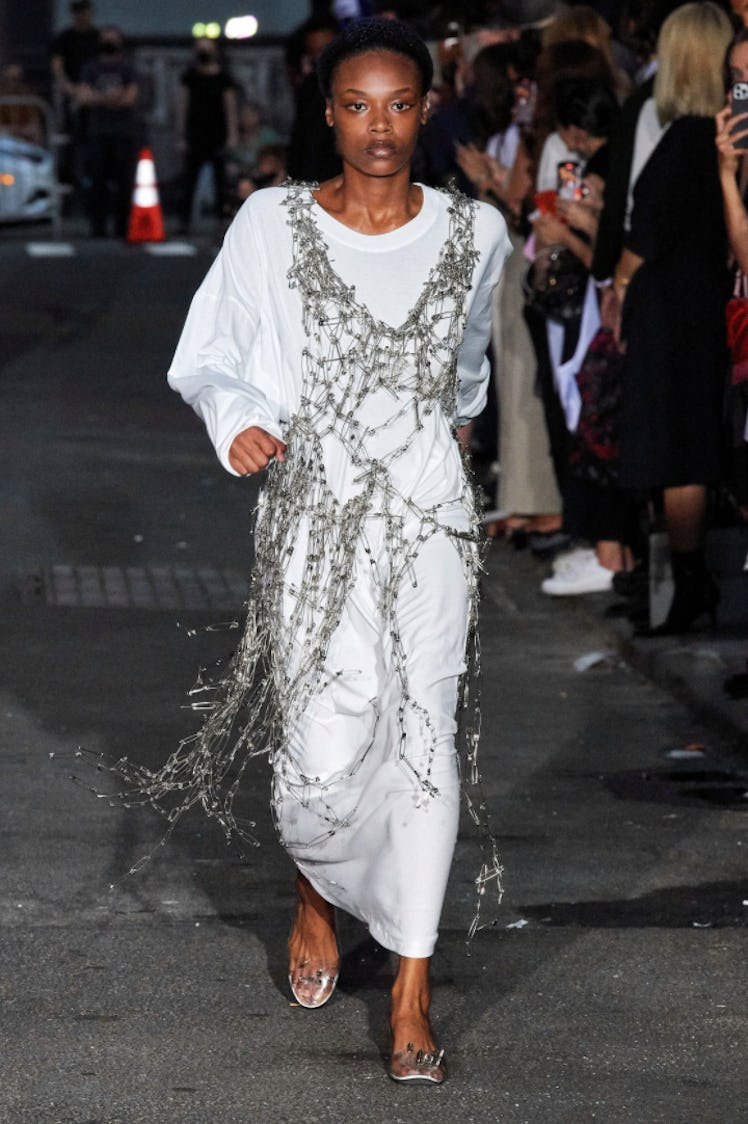 A model wearing a white Vaquera dress during New York Fashion Week Spring 2022