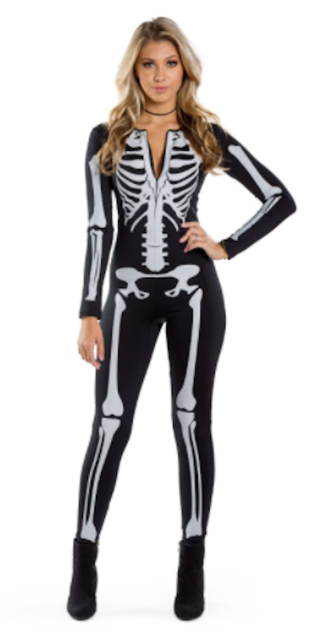 Teen wearing a skeleton bodysuit costume