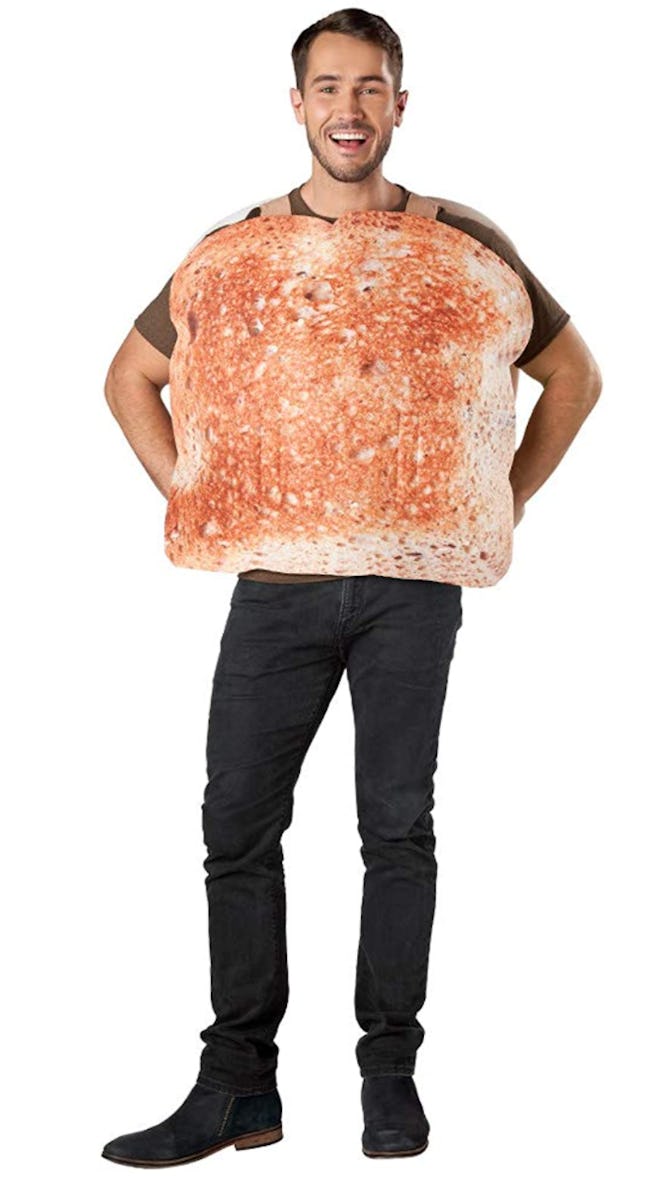 Adult man wearing a slice of toasted bread as costume