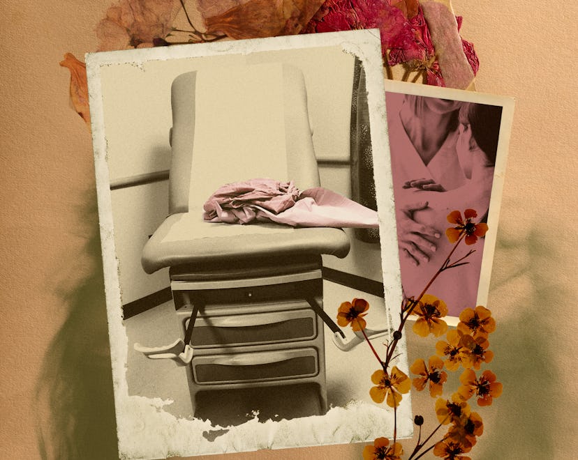 A collage of an OB-GYN hospital chair and flowers