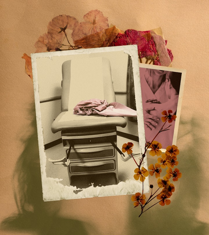 A collage of an OB-GYN hospital chair and flowers