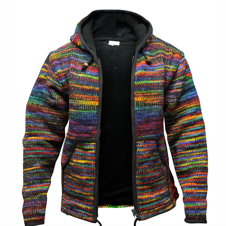 Winter Knitted Cardigan Rainbow Striped Zipper Vintage Knitwear Pocket Hooded Men's Sweater